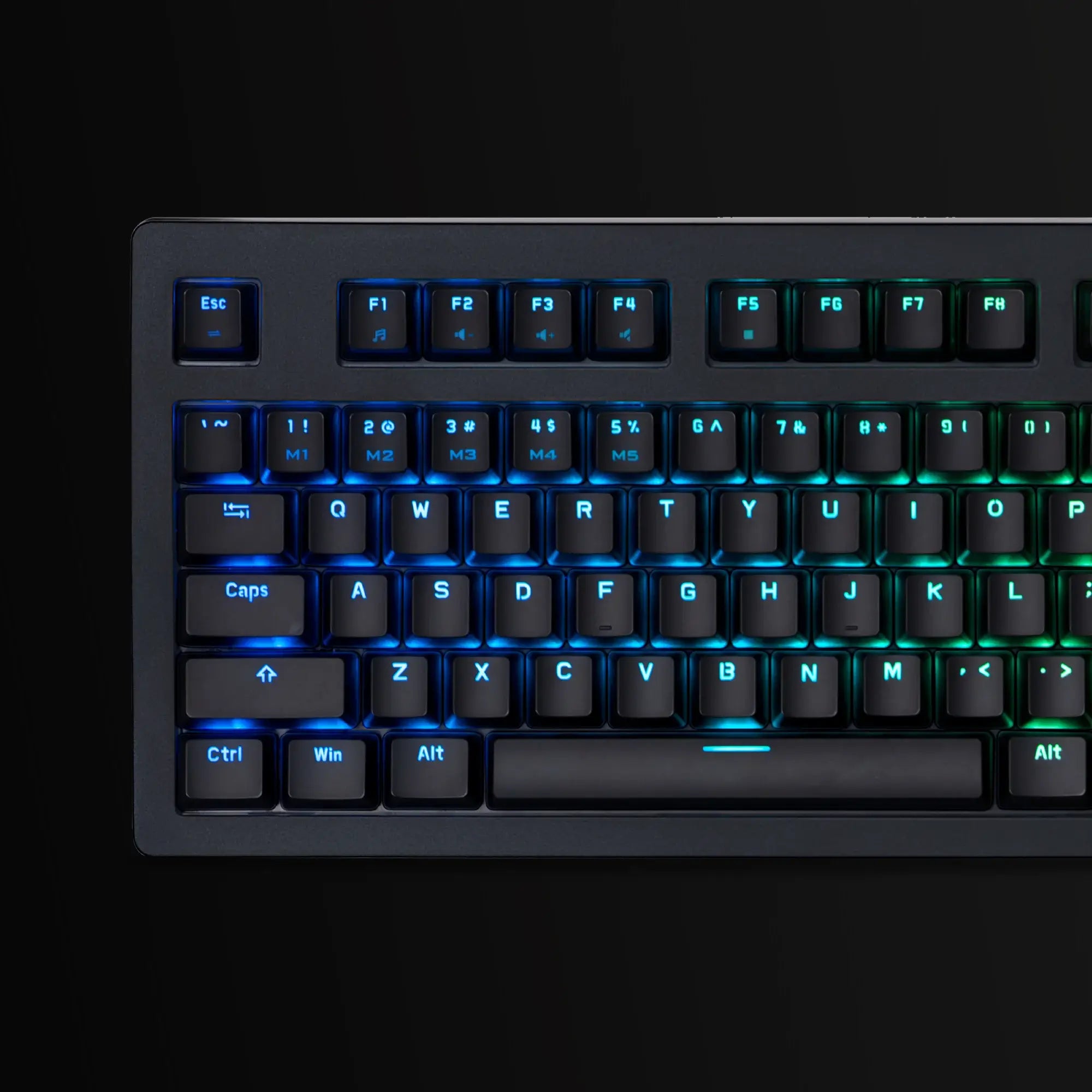 Closeup of the RGB backlit keys on the KMECH1YK