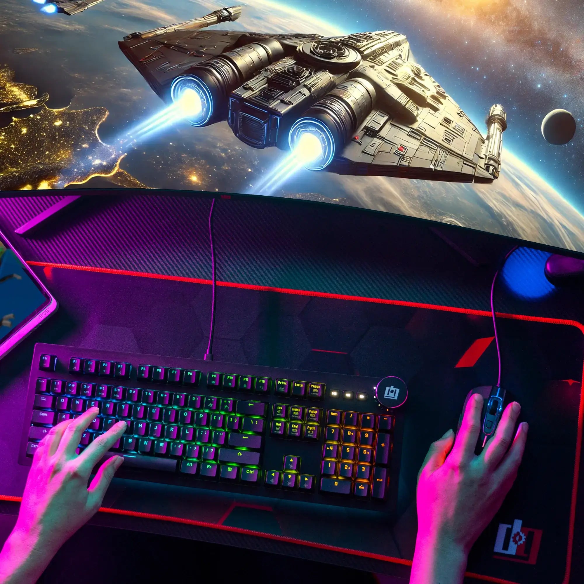 Person gaming on the KMECH1YK keyboard in front of a spaceship scene