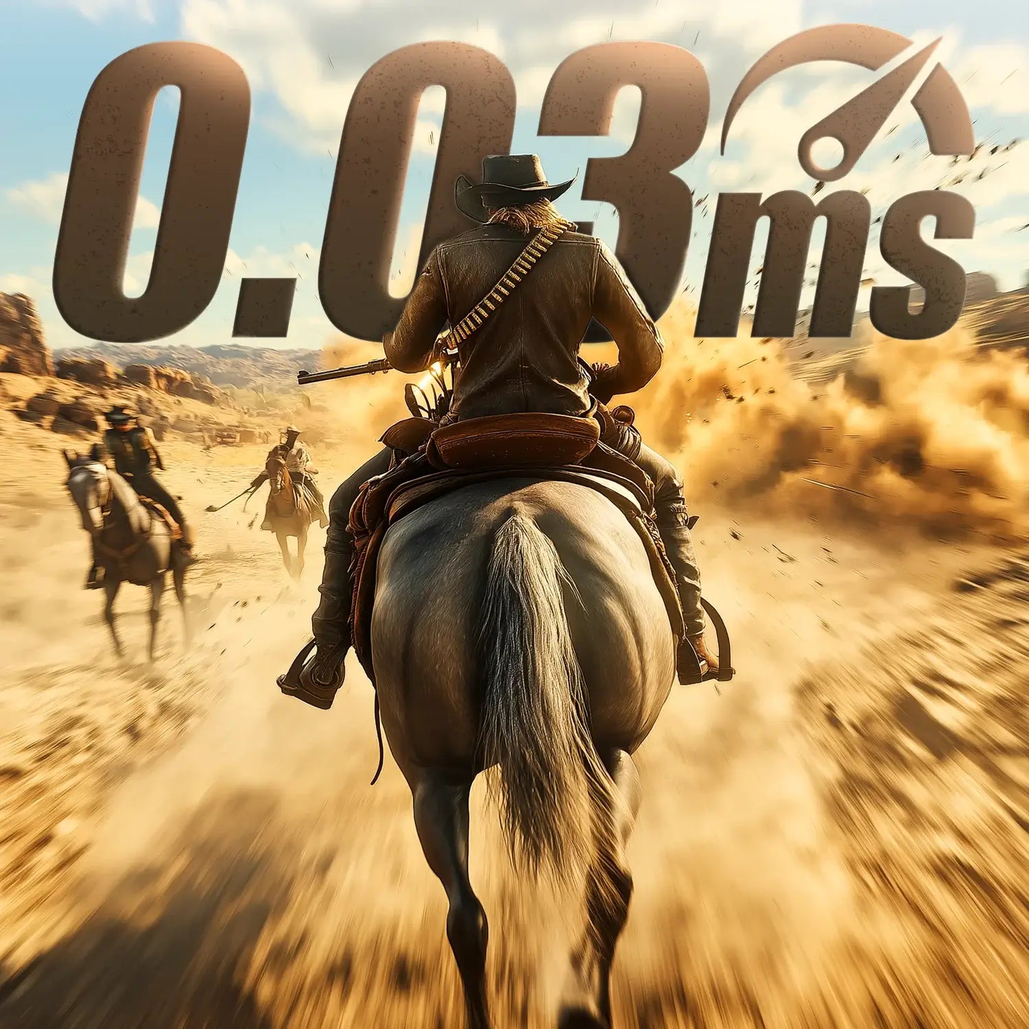 Gameplay of a cowboy riding on a horse overlayed on a 0.03ms response time graphic