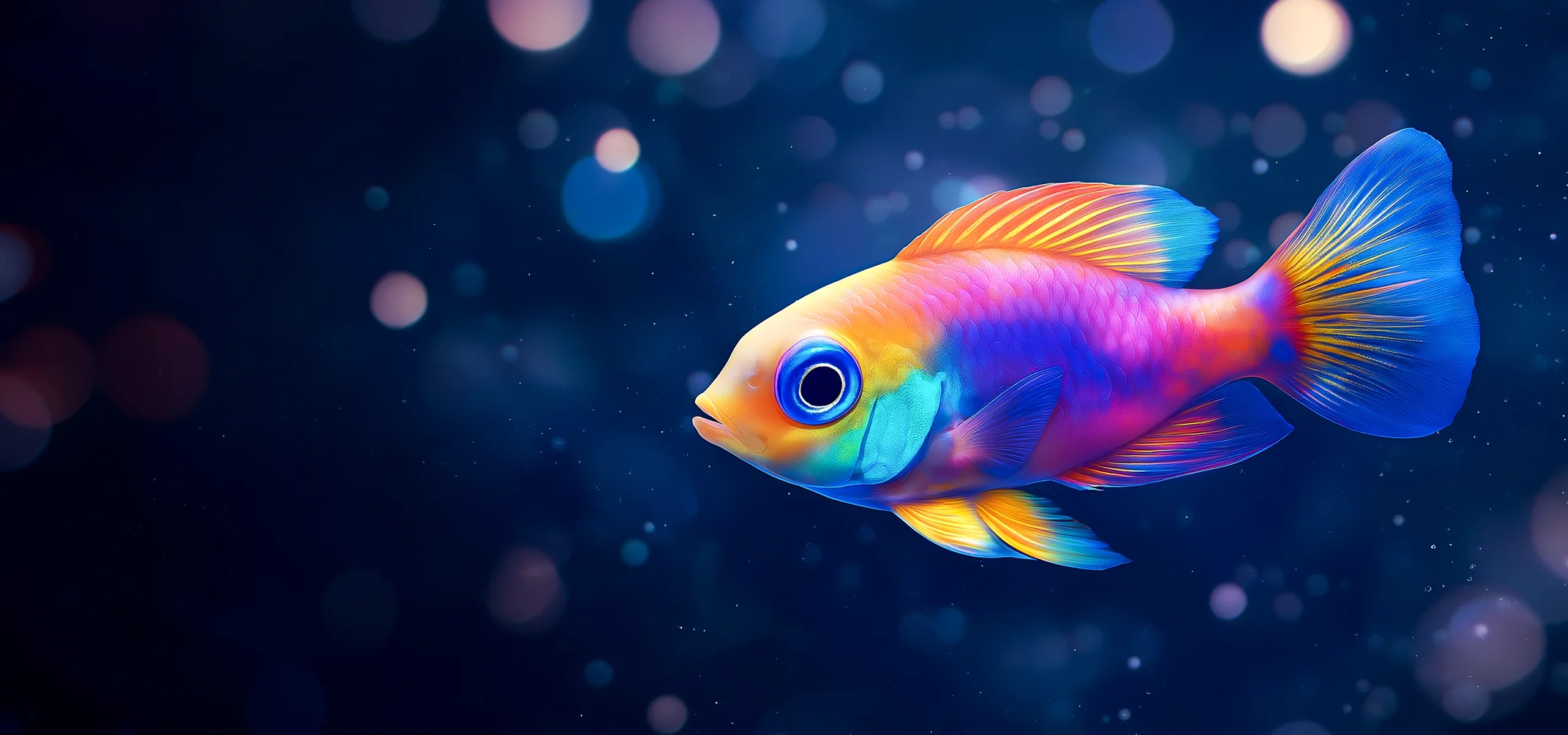 Brightly colored fish swimming in the ocean, bokeh shapes in the background