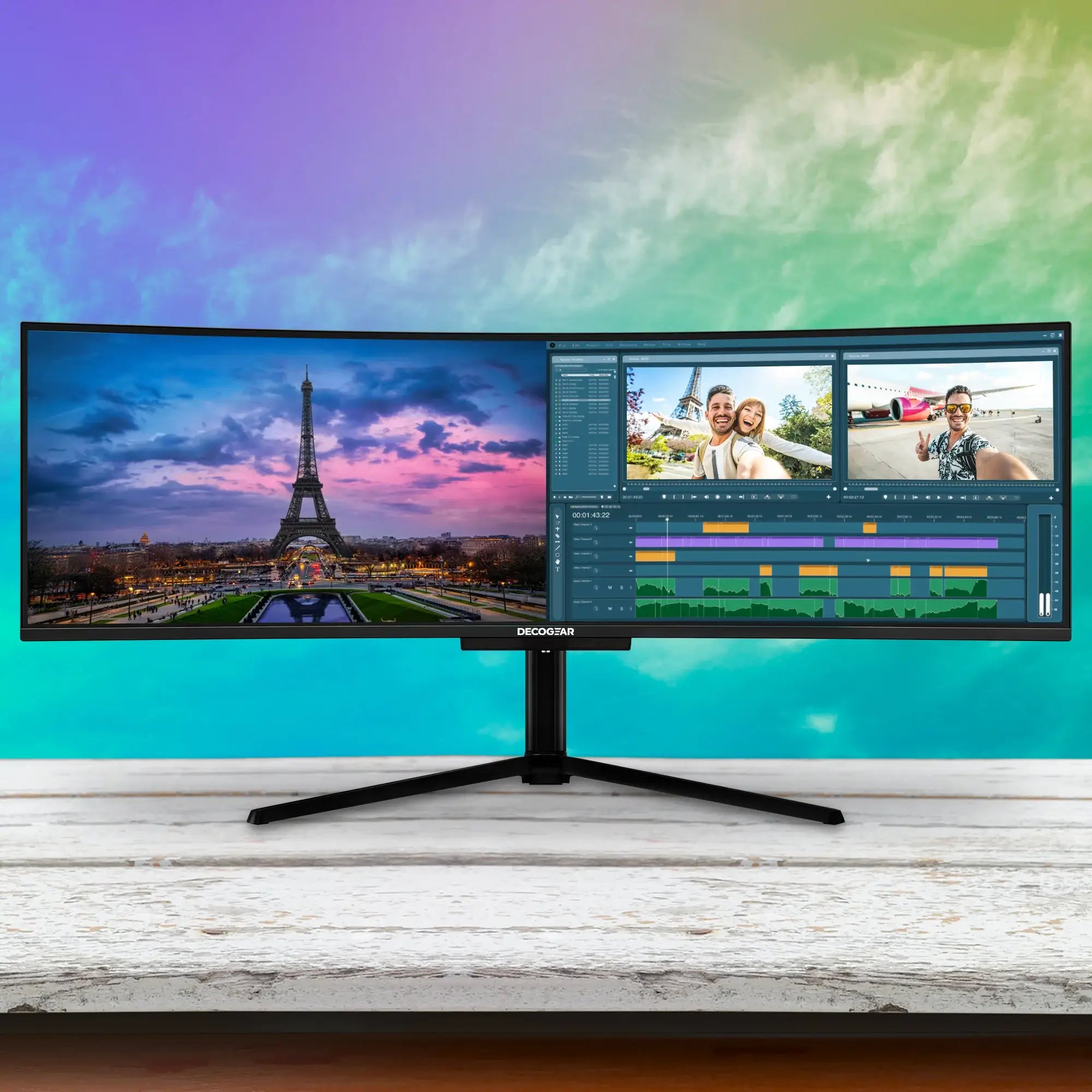 Monitor with a multi-program view of a video editor and picture of the Eiffel tower