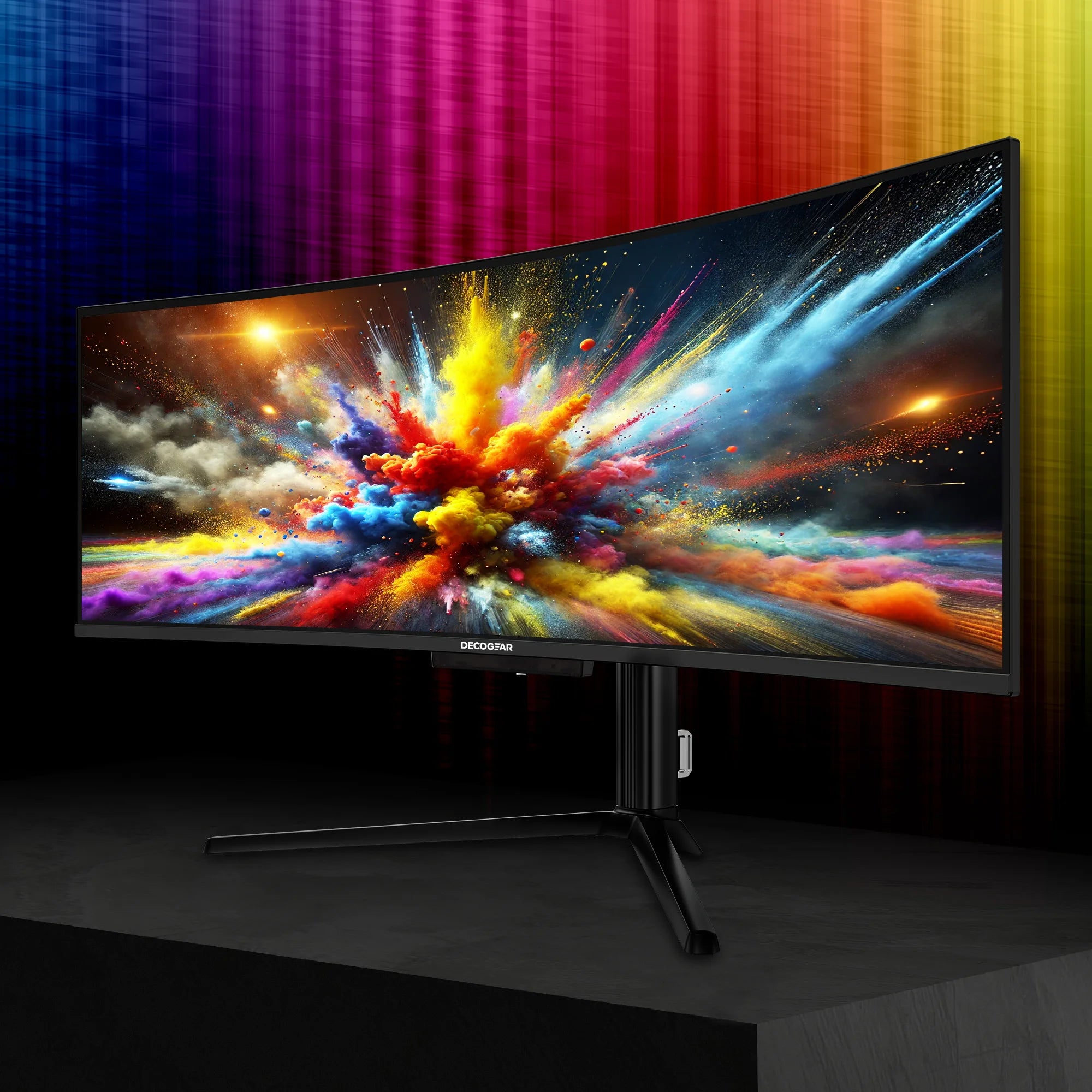 49" OLED Monitor on top of a black surface with a color bursting graphic