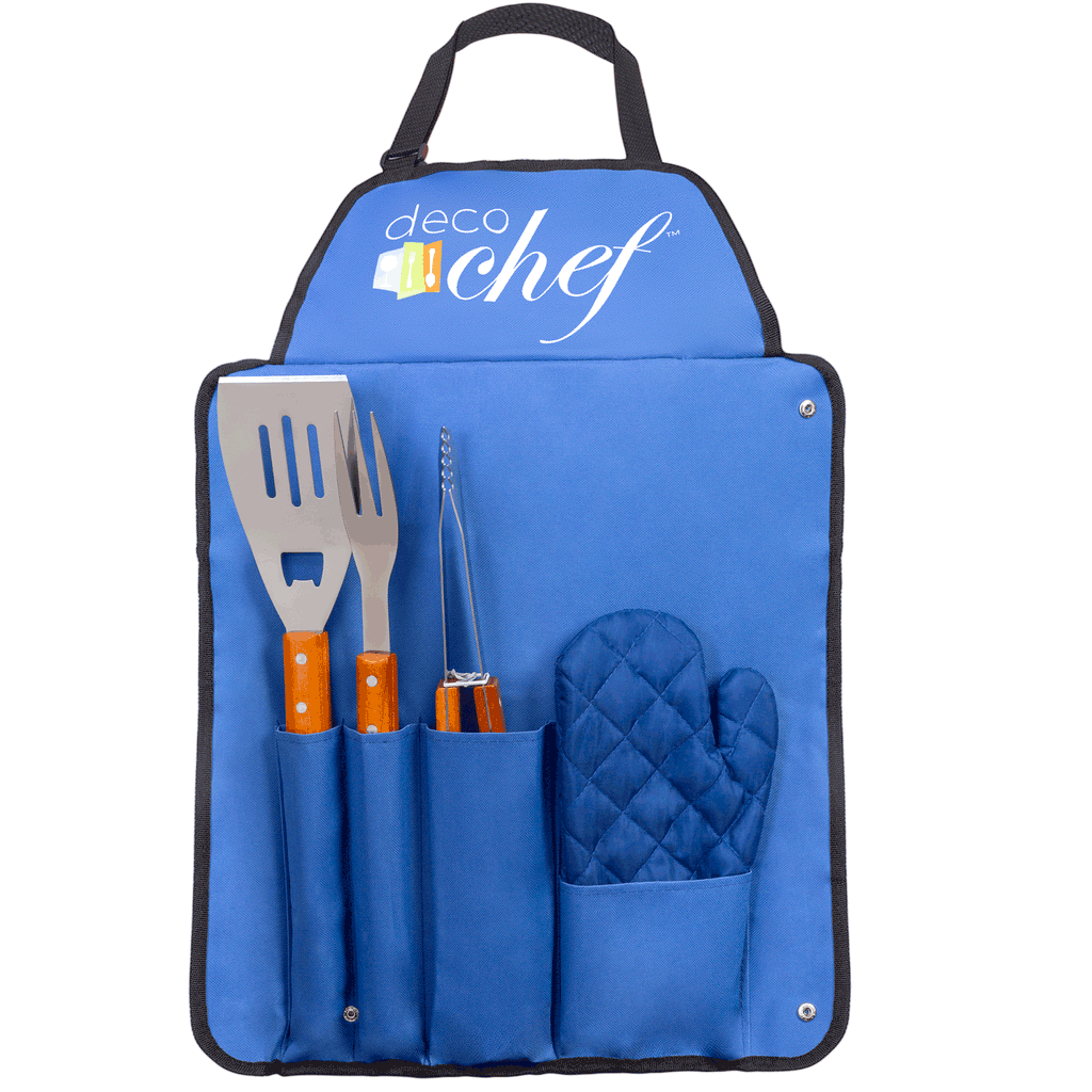 Stylish 5 Piece BBQ Tool Set with Custom Blue Apron by Deco Gear