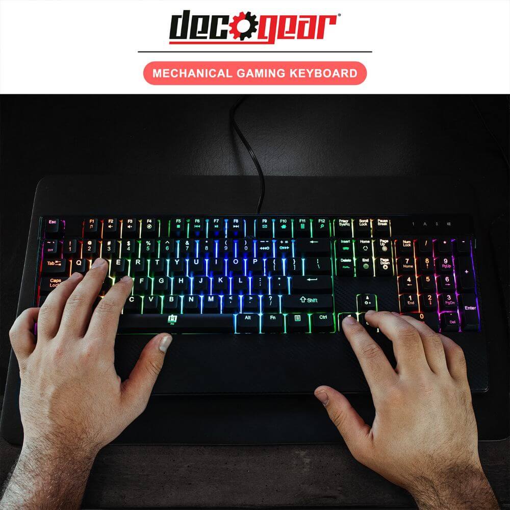 Deco Gear Mechanical Gaming Keyboard | Anti-Ghosting | Ergonomic Fixed Palm Rest | Full Customizable RGB Backlit | Carbon Fiber Design | Outemu Blue Switch | Wired | Black - DecoGear