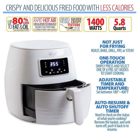 Deco Chef 5.8QT Digital Electric Air Fryer with Accessories and Cookbook- Air Frying, Roasting, Baking, Crisping, and Reheating for Healthier and Faster Cooking (White) - DecoGear