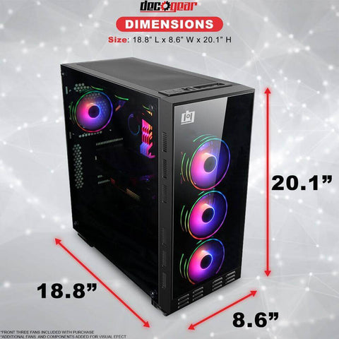 Deco Gear Mid-Tower Computer Case with 3-Sided Tinted Tempered Glass, 3 Dual Ring RGB Cooling Fans and Remote Control for Custom Lighting, ATX, M-ATX, M-ITX, 7 PCI Slots, 8 Expansion Bays, USB 2.0/3.0 - DecoGear