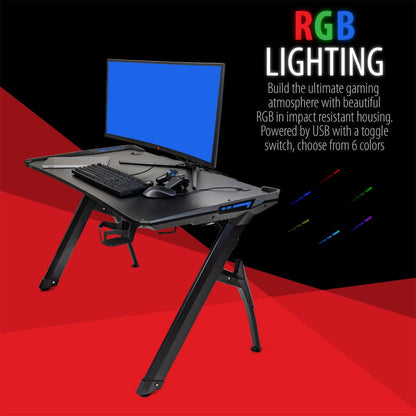 Deco Gear 47" LED Gaming Desk with Waterproof Carbon Fiber Surface, 6-Color Lighting Accents, Cable Management, Headphone Hook, and Cup Holder, Included 31.5” Full Mouse Pad - DecoGear