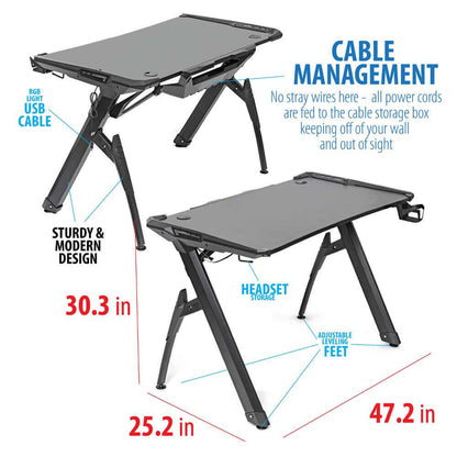 Deco Gear 47" LED Gaming Desk with Waterproof Carbon Fiber Surface, 6-Color Lighting Accents, Cable Management, Headphone Hook, and Cup Holder, Included 31.5” Full Mouse Pad - DecoGear