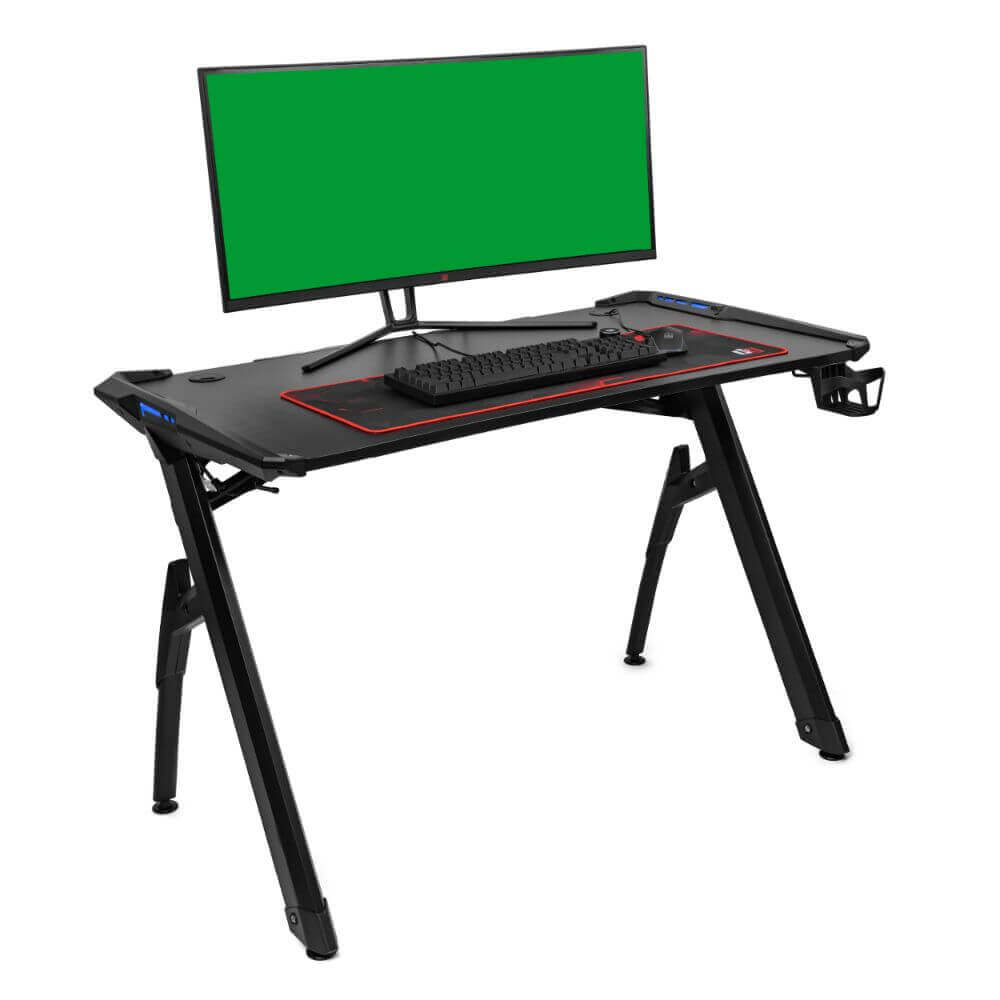 Deco Gear 47" LED Gaming Desk with Waterproof Carbon Fiber Surface, 6-Color Lighting Accents, Cable Management, Headphone Hook, and Cup Holder, Included 31.5” Full Mouse Pad - DecoGear