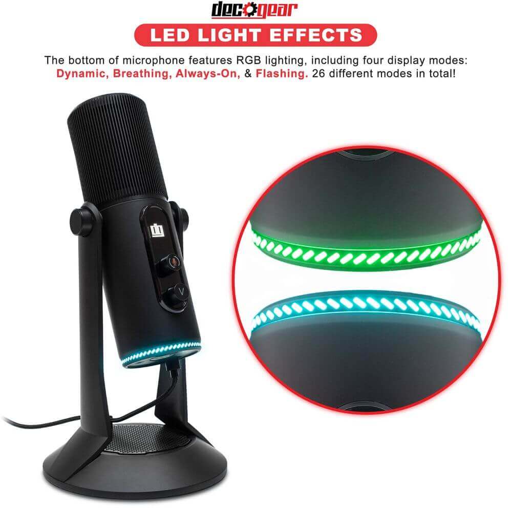 Deco Gear PC Microphone for Gaming, Streaming, Singing, Recording, and  Meetings, Features RGB Lighting, Stereo, Cardioid, Omnidirectional, and