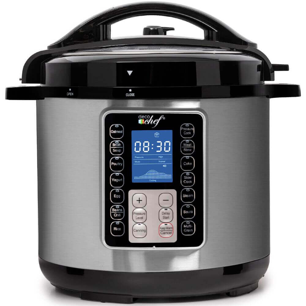 Deco Chef 8 QT 10-in-1 Pressure Cooker – Instant Rice, Sauté, Slow Cook, Yogurt, Meats, Deserts, Soups, Stews – Includes Recipe Book, Tempered Glass Lid, Mitts, Grill Rack, and Steaming Basket, Stainless Steel - DecoGear