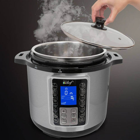 Deco Chef 8 QT 10-in-1 Pressure Cooker – Instant Rice, Sauté, Slow Cook, Yogurt, Meats, Deserts, Soups, Stews – Includes Recipe Book, Tempered Glass Lid, Mitts, Grill Rack, and Steaming Basket, Stainless Steel - DecoGear