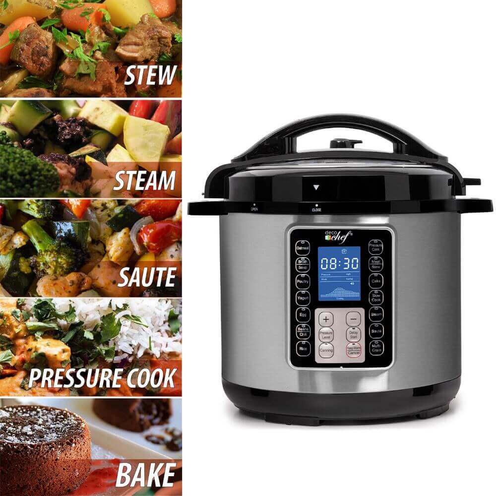 Deco Chef 8 QT 10-in-1 Pressure Cooker – Instant Rice, Sauté, Slow Cook, Yogurt, Meats, Deserts, Soups, Stews – Includes Recipe Book, Tempered Glass Lid, Mitts, Grill Rack, and Steaming Basket, Stainless Steel - DecoGear